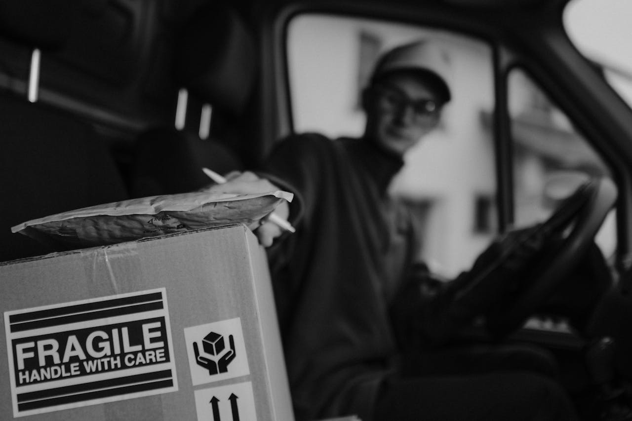 Monochrome photo of a delivery driver managing a package with 'Fragile' label.